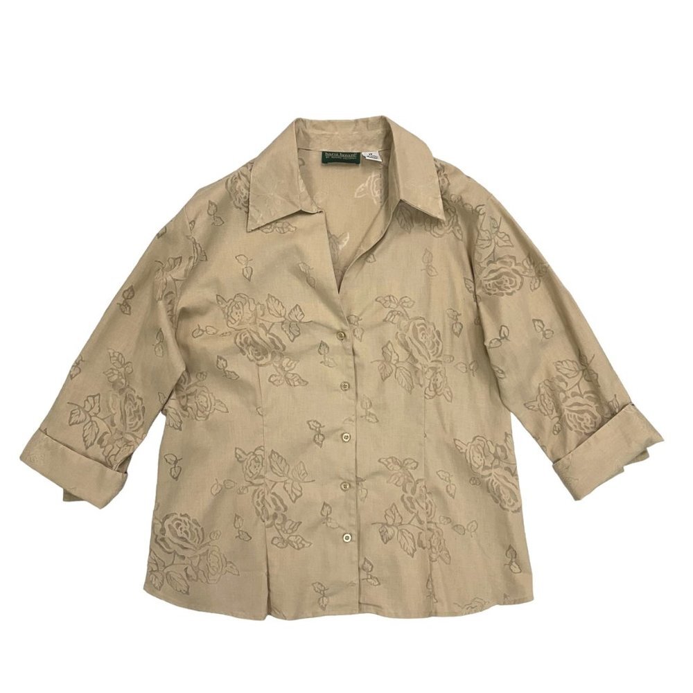 NWT Harve Bernard Beige Floral Print Button Down Shirt Womens 1X